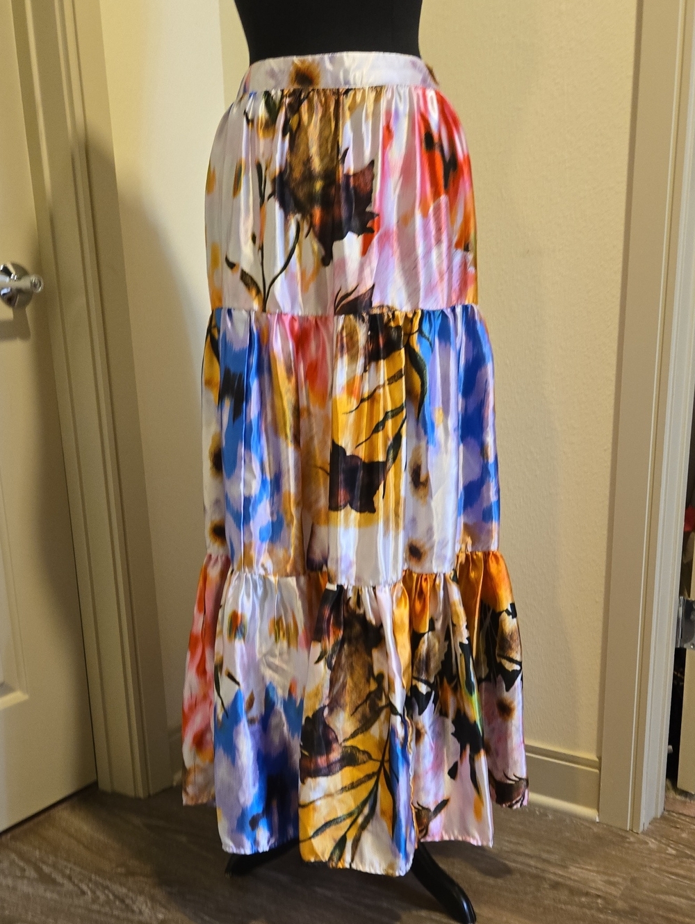 Ashley Stewart Multicolor Watercolor Floral Tiered Maxi Skirt